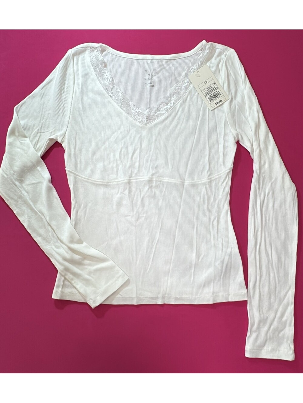 A New Day White Lace Trim Ribbed Long Sleeve Top Size XS New